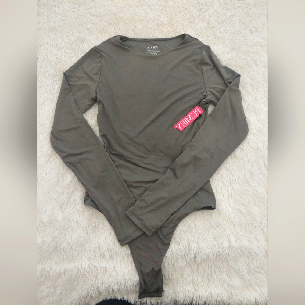 PUMIEY Women's Crew Neck Long Sleeve Bodysuit Second-skin Feel Tops in Khaki
